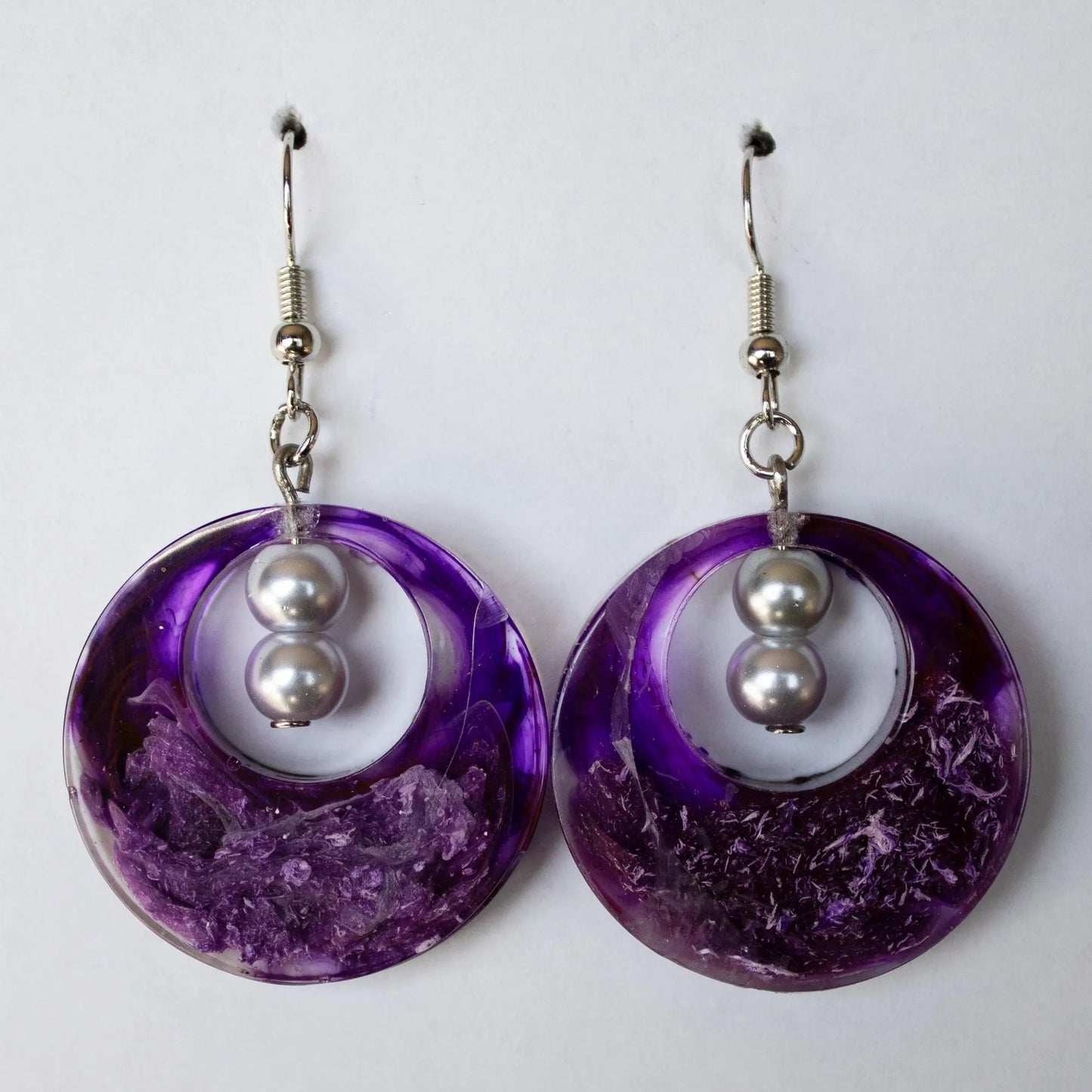 Purple and Silver Round Earrings